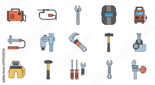 Collection of Industrial Tools and Welding Equipment.