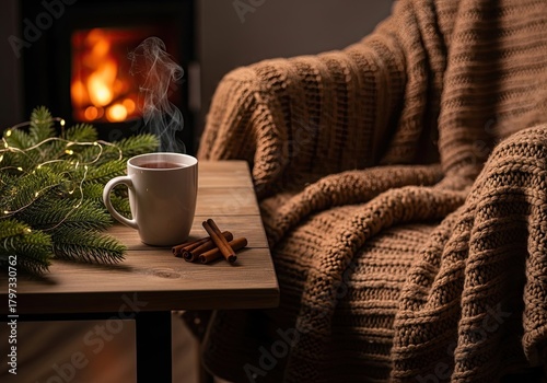 Escape the chill with a steaming cup of tea by the cozy fireplace, wrapped in a soft blanket, creating a warm and inviting winter scene filled with holiday cheer and relaxation
