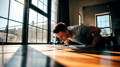 Man Doing Push-ups in Gym with Natural Light and Focus.