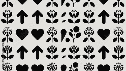 Seamless pattern featuring bold black roses, hearts, and arrows for a modern, stylish design that's perfect for backgrounds and textiles
