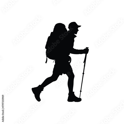 Hiker with backpack and trekking pole walking silhouette