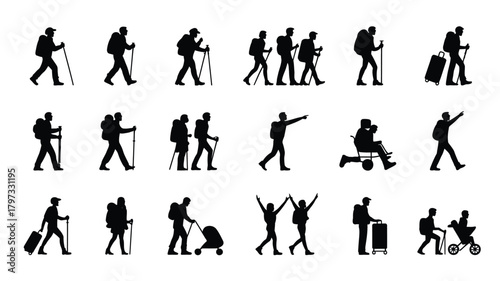 Hikers and travelers with backpacks and luggage walking