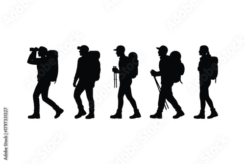 Hikers with backpacks and walking sticks exploring outdoors vector