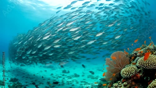 Massive School of Fish Swimming Together in the Blue Ocean.