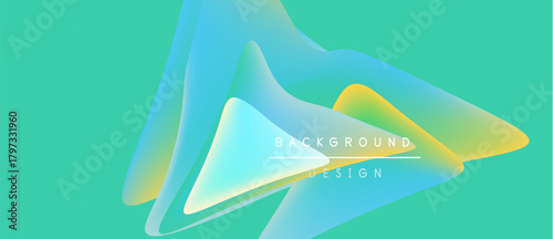 Abstract turquoise background features layered translucent triangles. Gradient colors blend yellow, blue, green. Text reads background design.