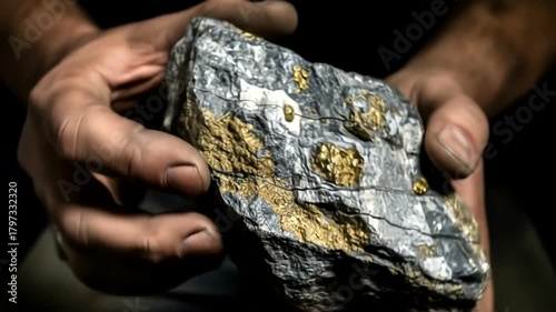 Miner holding a valuable gold ore rock in his hands.