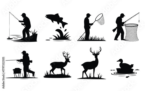 Hunters and wildlife silhouettes in black hunting fishing