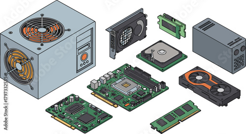 Isometric computer hardware illustration, desktop components, motherboard, CPU, GPU, SSD, HDD, RAM, PSU, cooling fan, tech parts, digital art