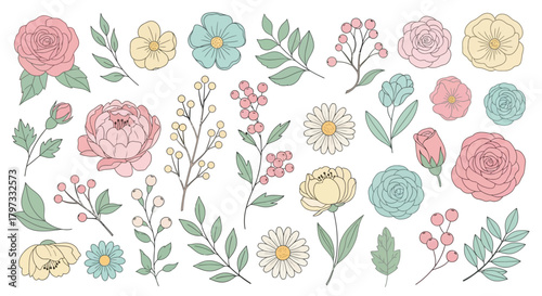 Collection of hand-drawn flowers and leaves in pastel colors, isolated on white background.