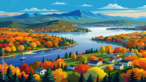 Very beautiful aerial view of Lake Winnipesaukee in fall from Ellacoya State Park in Gilford, New Hampshire, featuring vibrant autumn foliage, clear blue water, and the Ossipee Mountains rising in the