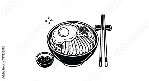 A black and white illustration of ramen with egg and soy sauce