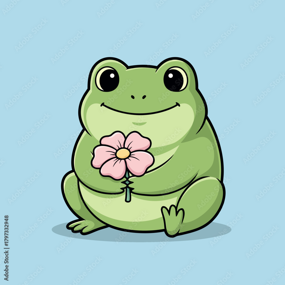 Fototapeta premium A cute cartoon green frog with big eyes is sitting and holding a pink flower with a stem on a light blue background.