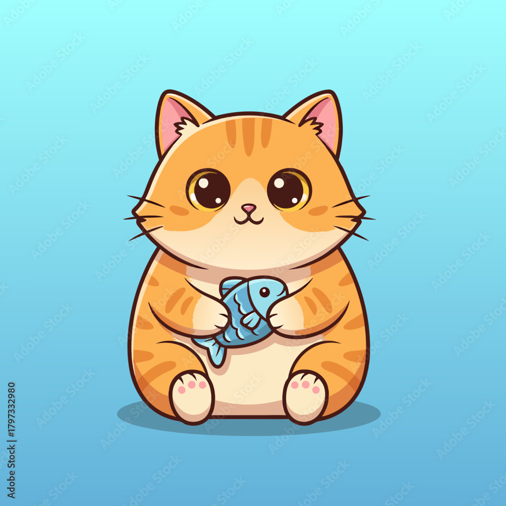 Fototapeta premium Cute cartoon orange tabby cat holding a blue fish on a light blue background, with big adorable eyes.