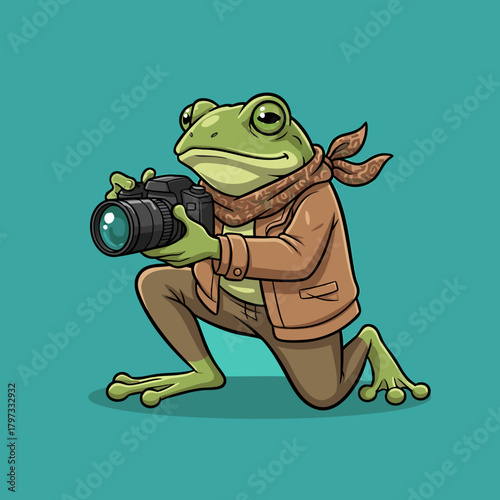 A cartoon frog dressed in human clothes, holding a camera and kneeling, ready to take a picture on a teal background.