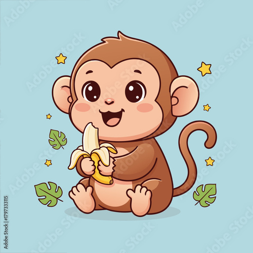 Cute cartoon baby monkey happily eating a banana with green leaves and yellow stars on a light blue background.