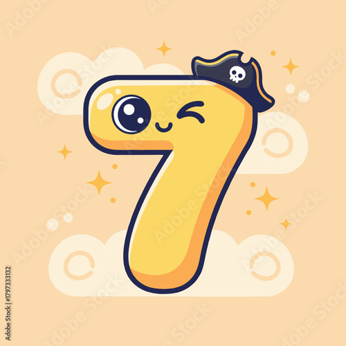 A cute cartoon yellow number seven character winking and wearing a pirate hat with a skull and crossbones, against a soft background.