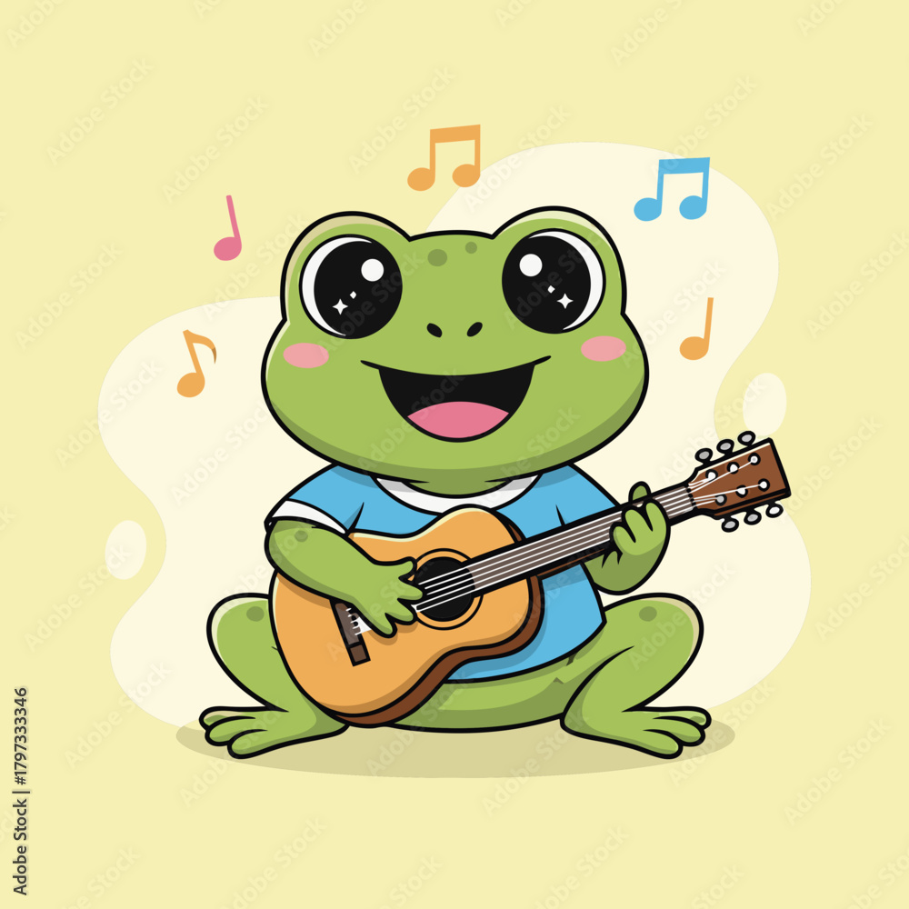 Φωτογραφία Cute cartoon frog playing an acoustic guitar with musical notes floating around, on a light yellow background