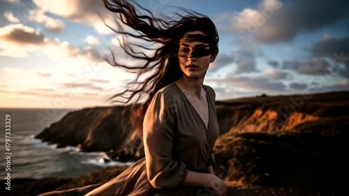 Mysterious Woman with Flowing Hair on a Cliffside at Sunset.