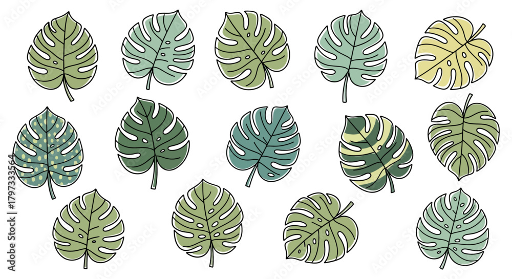 Fototapeta premium A collection of stylized monstera leaves in various shades of green and yellow, outlined in black, scattered across a white background.