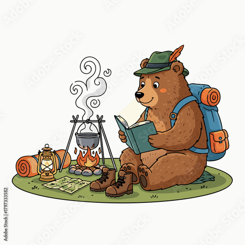 A cute cartoon bear wearing a hat and backpack, sitting by a campfire and reading a book while camping with hiking gear.