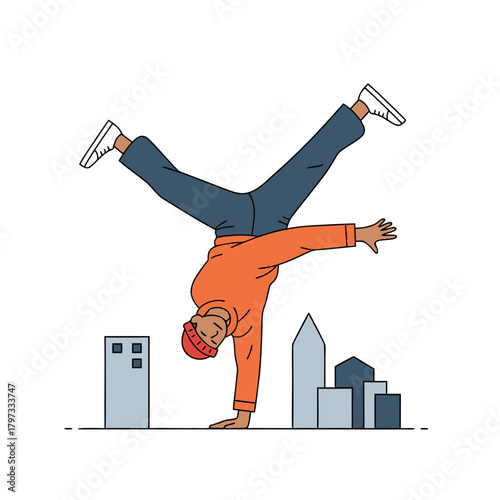 A person in an orange hoodie and blue pants doing a handstand with legs spread in a city setting.