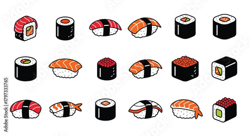 An isometric collection of various colorful pieces of japanese sushi