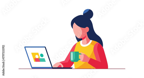 Woman working on laptop with coffee modern illustration style