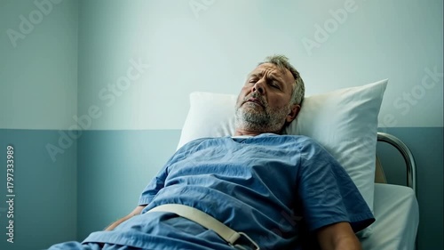 Caucasian man restrained in hospital bed. Patient suffering from mental illness. Health care and medical treatment for psychiatric disorder.