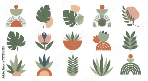 Collection of botanical illustrations with abstract shapes in muted earthy tones.