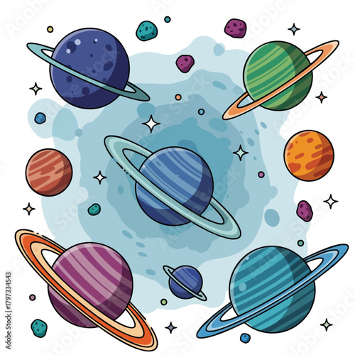 Colorful Cartoon Planets in Space