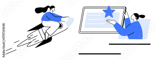Woman on a rocket symbolizes speed and ambition heading toward screen with star for success and recognition. Ideal for creativity, achievement, progress, innovation, leadership, digital