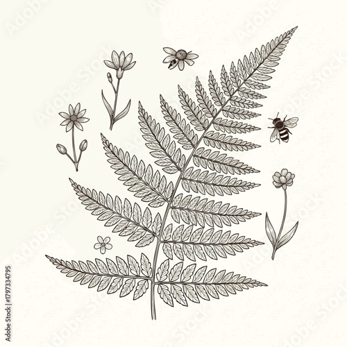 Delicate Hand Drawn Fern and Flowers with Bees Illustration