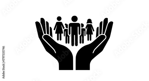 Hands holding a group of people symbolizing care and protection.