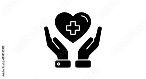 Hands cradling a heart with a medical cross symbolizing healthcare and support.