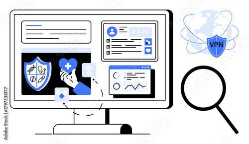 Computer screen displaying security shields, health data, graphs, and user profiles. VPN icon and magnifying glass highlight secure browsing, data analytics, and privacy protection. Ideal