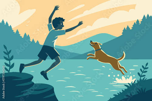A vibrant flat vector illustration depicting a happy boy and his energetic dog joyfully leaping together into a pristine, sun-drenched lake.