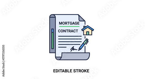 Signed mortgage contract document icon with a house symbol and a pen for a home loan agreement.
