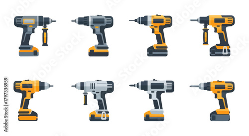 Collection of various cordless power drills for construction and DIY projects.