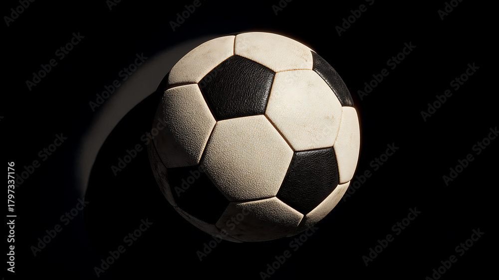 Fototapeta premium A Worn Classic Soccer Ball Illuminated by a Dramatic Spotlight, Floating in Darkness.