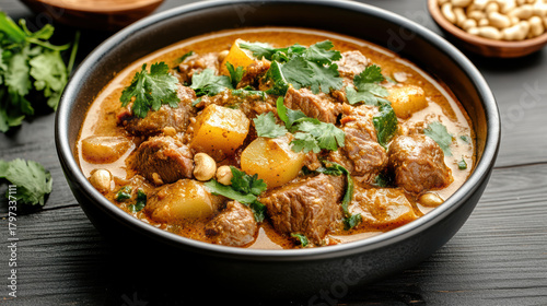 Massaman curry beef with potatoes and cilantro, creamy peanut aroma and comforting spice