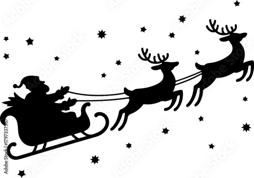 Santa Claus and reindeer sleigh silhouette vector illustration