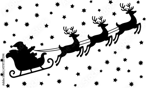 Santa Claus and reindeer sleigh silhouette vector illustration