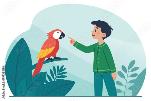 A young boy tenderly teaching his vibrant parrot to mimic words, perched gently on his outstretched finger, indoors.