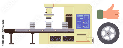 Conveyor transporting boxes through robotic machinery beside a hand showing approval and wheel icon. Ideal for manufacturing, automation, industry, quality assurance, productivity, logistics, factory