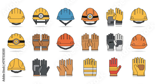 Collection of Safety Helmets and Work Gloves for Construction and Industry.