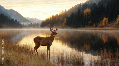 Morning mist deer standing at lakeshore with warm golden sunrise and peaceful reflection