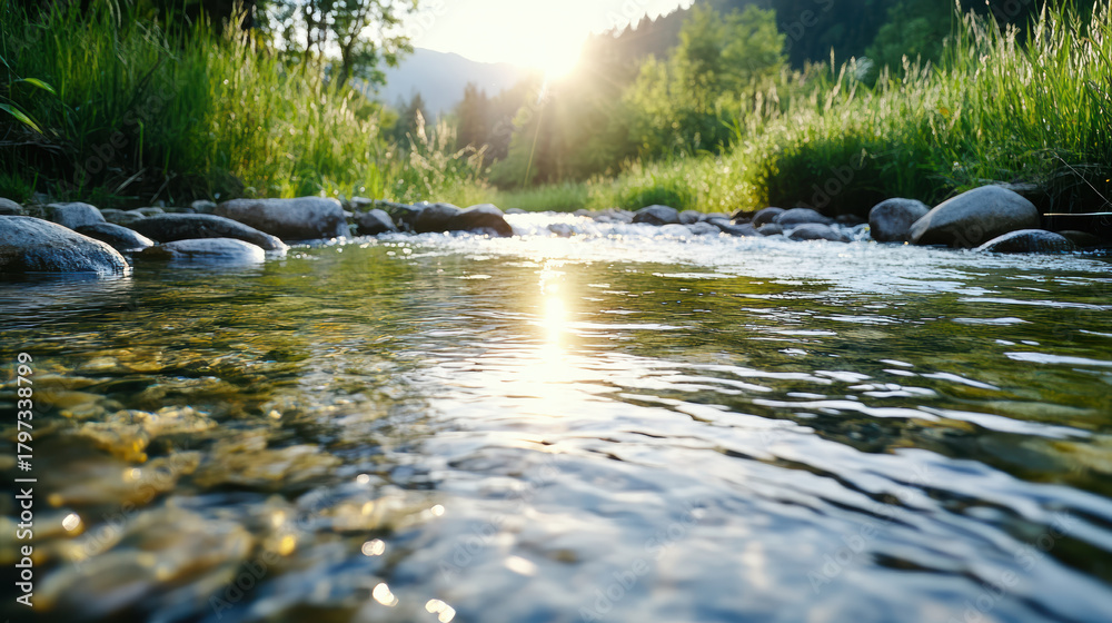Fototapeta premium Mountain stream morning glow peaceful sun reflection on shallow water