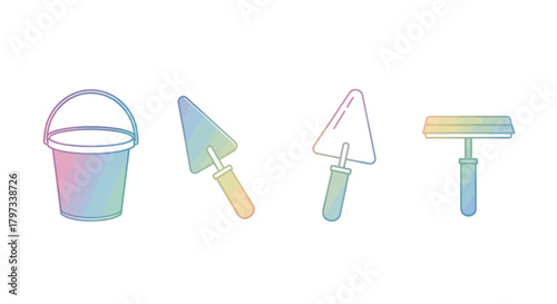 Set of colorful construction and DIY tools including a bucket trowels and a squeegee.