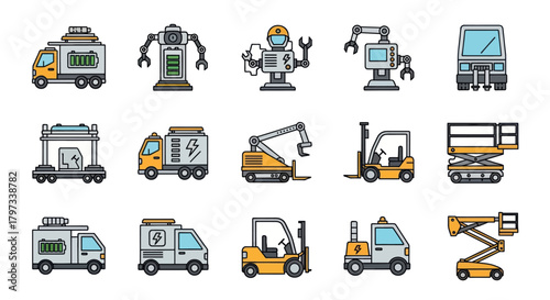 A colorful icon set of industrial machinery including electric trucks robots forklifts and automated equipment.