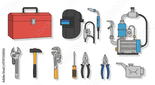 Assorted Hand Tools and Equipment for Construction and Repair.